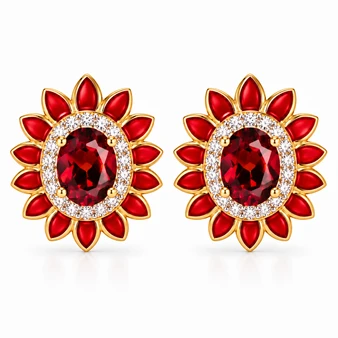 red and white zircon with red enamel floral stud earring in 18k vermeil yellow gold over sterling silver front