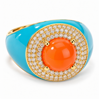 carnelian and white zircon dome ring with blue enamel in 18k vermeil yellow gold over sterling silver front