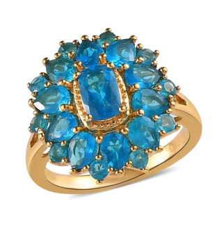 neon blue apatite cluster ring in 18k yellow gold over sterling silver