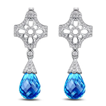 front view of briolette swiss blue topaz and diamond 18k white gold drop earrings