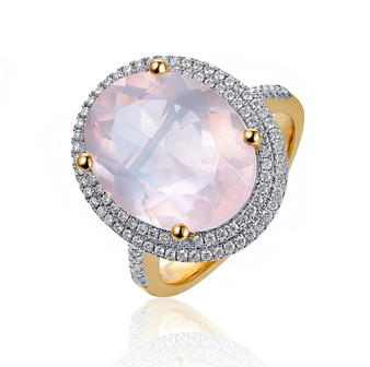 rose quartz and diamond halo 14k yellow gold ring front