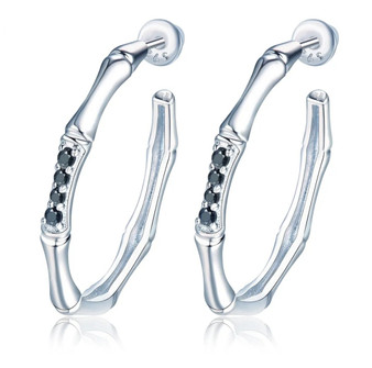 black spinel bamboo hoop earrings in rhodium over sterling silver front