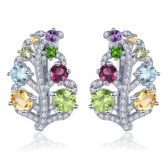 multi gemstone leaf earrings in rhodium over sterling silver