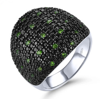 black spinel and chrome diopside domed pave ring in black and white rhodium over sterling silver