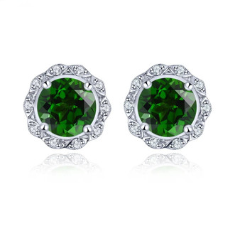 chrome diopside and white zircon round halo earrings in rhodium over sterling silver