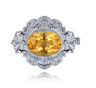 front view of citrine vintage inspired rhodium over sterling silver brooch