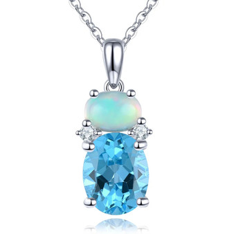 swiss blue topaz opal and white zircon necklace in rhodium over sterling silver