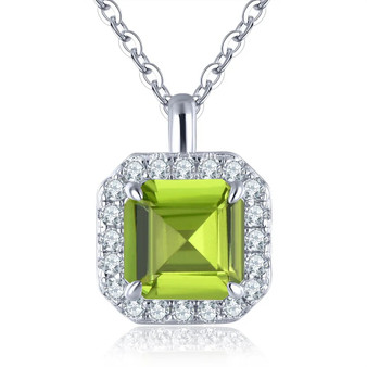 peridot and white zircon halo necklace in rhodium over sterling silver