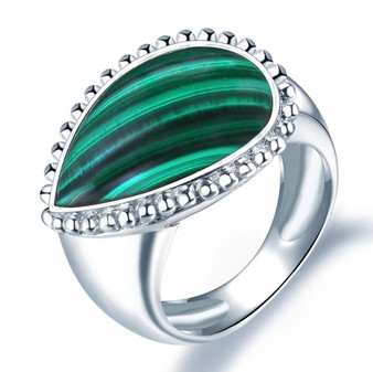malachite pear solitaire ring in rhodium over sterling silver