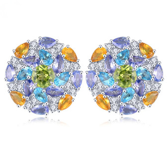 peridot swiss blue topaz tanzanite citrine and zircon cluster stud earrings in rhodium over sterling silver