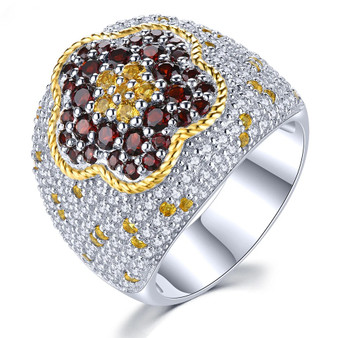garnet citrine and white zircon flower ring in 18k yellow gold and rhodium over sterling silver