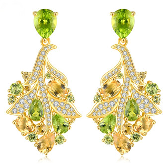 peridot citrine and zircon leaf earrings in 18k yellow gold over sterling silver