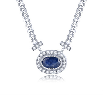 blue sapphire and zircon adjustable cuban link necklace in rhodium over sterling silver