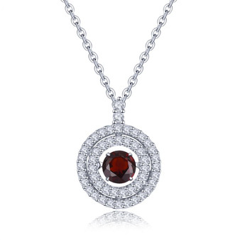 dancing garnet and zircon round double halo pendant necklace in rhodium over sterling silver