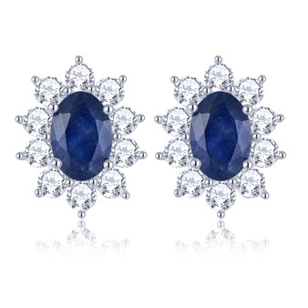sapphire and white zircon halo stud earrings in rhodium over sterling silver