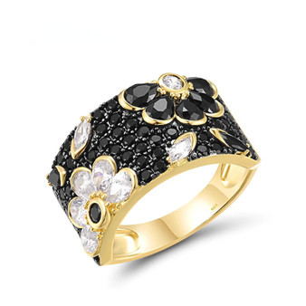 front view of black spinel and cubic zirconia ring in 18k yellow gold over sterling silver