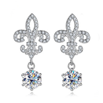 moissanite and cz fleur de lis earrings in rhodium over sterling silver