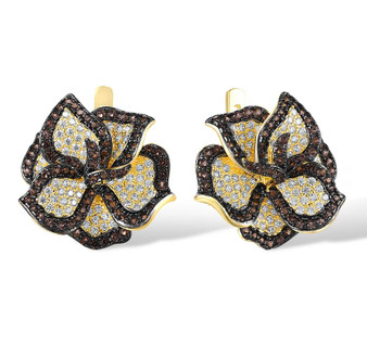 lab brown spinel and cubic zirconia flower earrings in 18k yellow gold over sterling silver