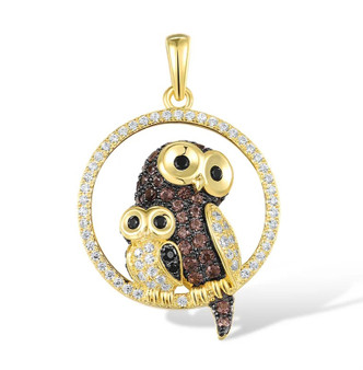 double owl cz necklace in 18k yellow gold over sterling silver