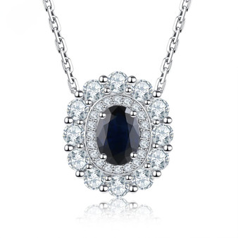 sapphire and zircon double halo necklace in rhodium over sterling silver