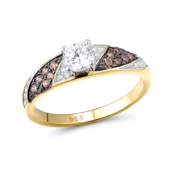 brown and white cubic zirconia wedding ring in 18k yellow gold over sterling silver