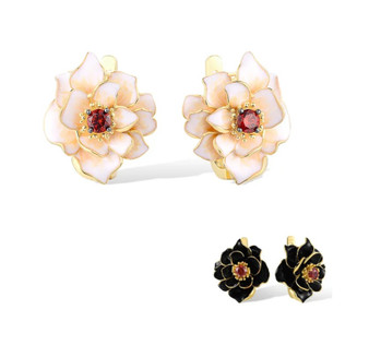red cz black or white enameled flower earrings in 18k yellow gold over sterling silver