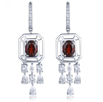 garnet and white zircon dangle earrings in rhodium over sterling silver