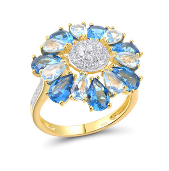 lab blue spinel and cubic zirconia halo ring in 18k yellow gold over sterling silver