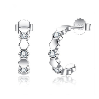 moissanite geometric half hoop earrings in rhodium over sterling silver