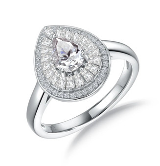 pear moissanite baguette and round halo ring in rhodium over sterling silver