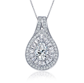 pear moissanite baguette and round halo pendant necklace in rhodium over sterling silver