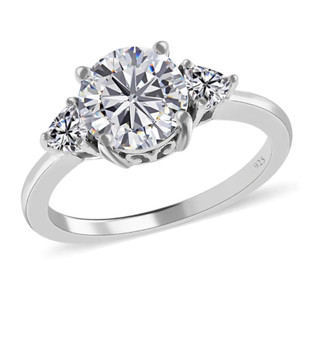 moissanite round trilogy ring in rhodium over sterling silver