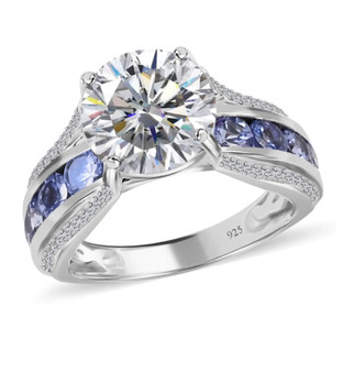 moissanite and tanzanite bridge ring in rhodium over sterling silver