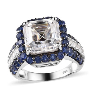 asscher cut moissanite and sapphire halo ring in rhodium over sterling silver