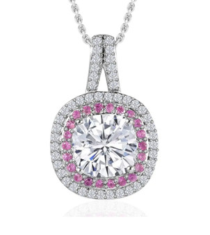 moissanite and pink sapphire halo necklace in rhodium over sterling silver
