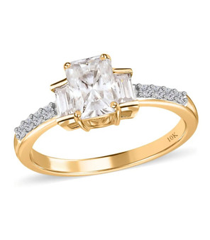 radiant baguette and round cut moissanite wedding ring in 10k yellow gold