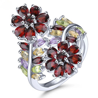 garnet and multi gemstone flower cluster bypass ring in rhodium over sterling silver