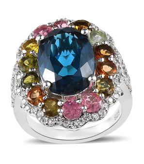 london blue topaz multi tourmaline and zircon ring in rhodium over sterling silver