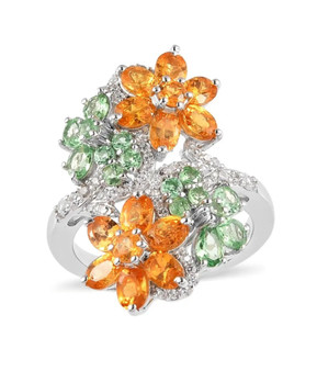 tsavorite garnet spessartine garnet and white zircon bypass ring in rhodium over sterling silver