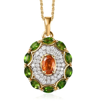 spessartine garnet chrome diopside and moissanite halo necklace in 18k yellow gold over sterling silver