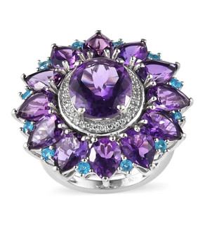 amethyst blue apatite and white zircon cocktail  rhodium over sterling silver ring front