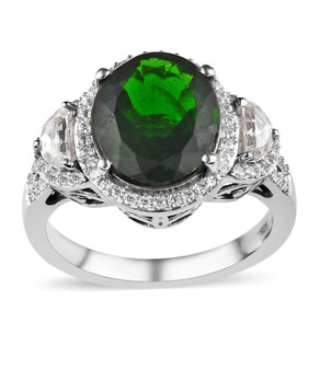 chrome diopside and white zircon ring in rhodium over sterling silver