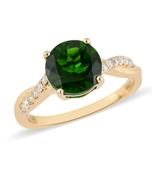 front view of round chrome diopside and diamond ring in 14k yellow gold