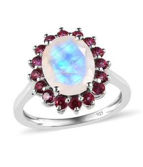 rainbow moonstone and red topaz halo ring in rhodium over sterling silver