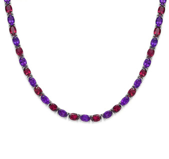 front view of amethyst and rhodolite garnet tennis necklace in 18k rose gold over sterling silver