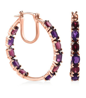 amethyst and rhodolite garnet hoop earrings in 18k rose gold over sterling silver