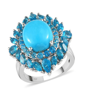 arizona sleeping beauty turquoise and blue apatite halo ring in rhodium over sterling silver