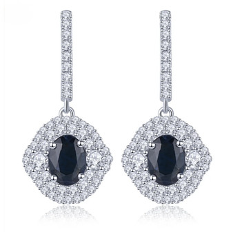 sapphire and white zircon double halo dangle earrings in rhodium over sterling silver