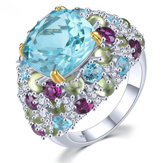 sky blue topaz and multi gem cocktail ring in rhodium over sterling silver