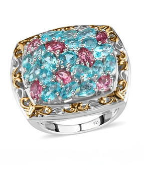 blue apatite pink tourmaline and diamond ring in 18k yellow gold and rhodium over sterling silver